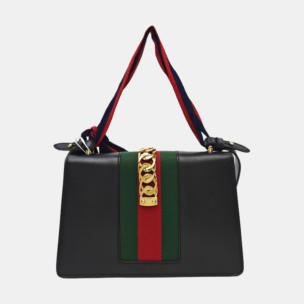 [Pre-Owned] Sylvie Gold Buckle Striped Web Satin Bow Wide Shoulder Strap Leather Handbag Crossbody Bag Shoulder Bag Small - Good #1BMMFOP