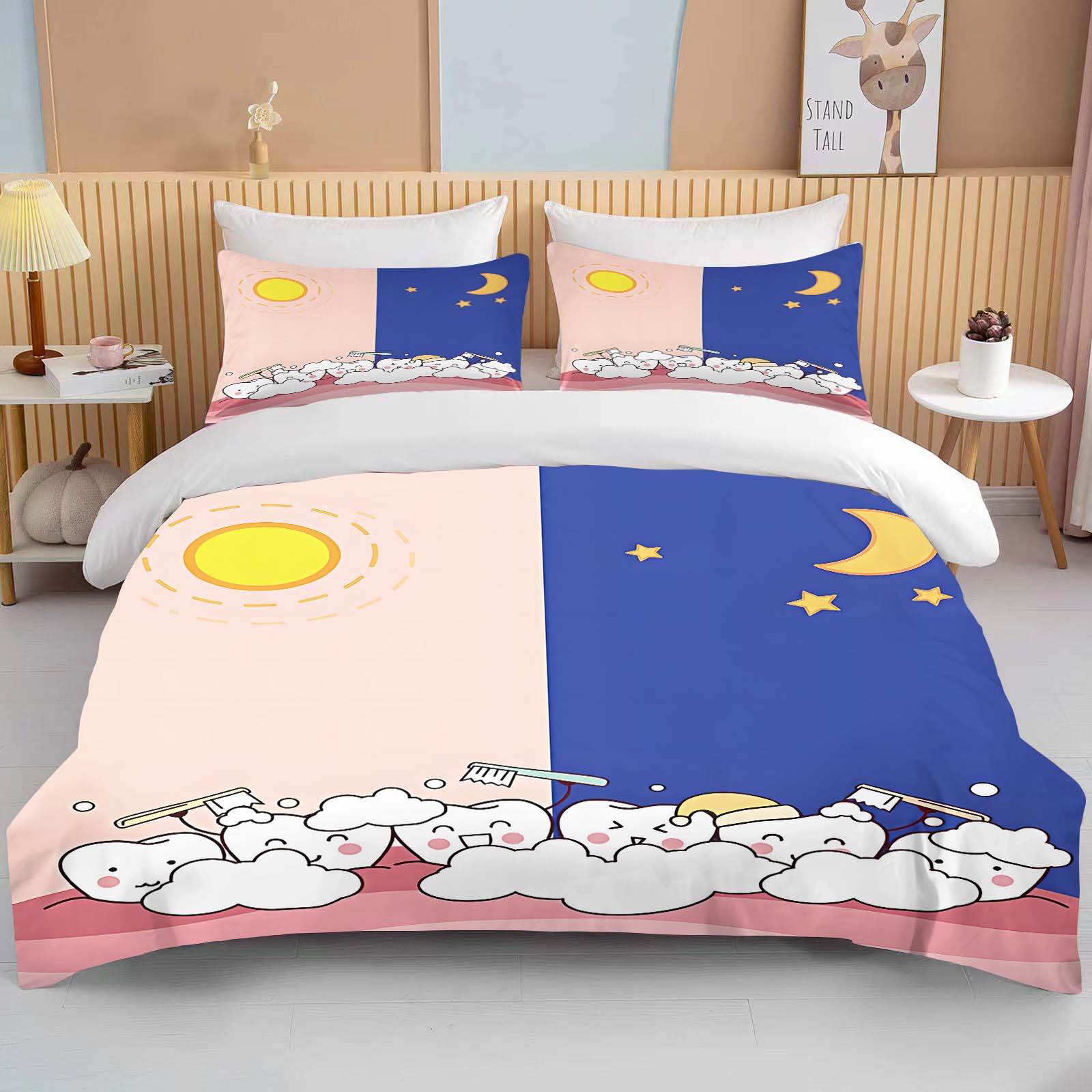 

Милый мультяшный принт зубов Постельное белье Пододеяльник 1 Пододеяльник 2 Наволочки Комплект постельного белья для взрослых и детей Роскошный комплект покрывала EU single(135x200cm)