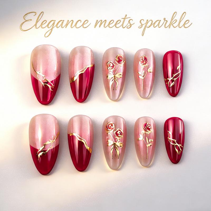 Valentine s Day Almond Gold-Plated Red Cat Eye Rose Bow False Nails - Set of 24