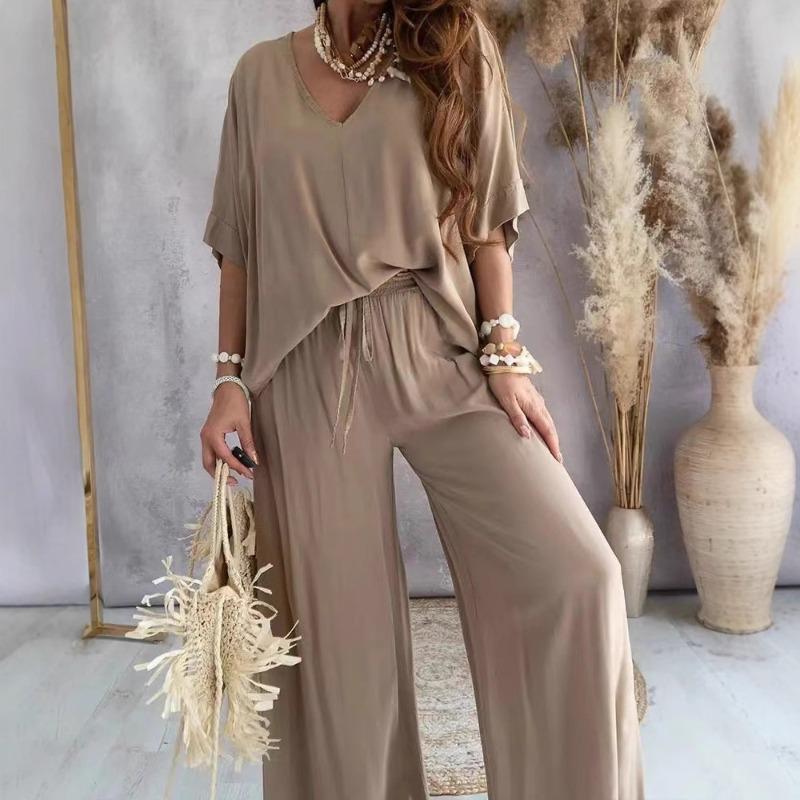 Γυναικείο Σετ Παντελόνι Καθημερινό Χαλαρό Με Φαρδύ Πόδι Με Μανίκι Νυχτερίδα Και Λαιμόκοψη V