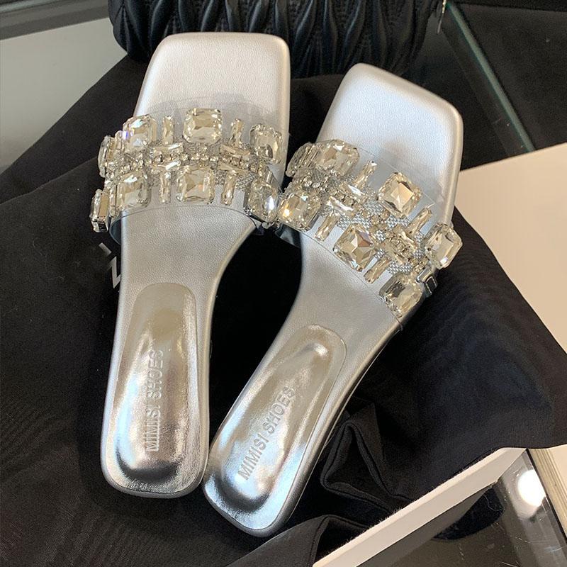 Fashion Luxury Crystal Fashion Transparent Heels Ladies Wedges Slippers Rhinestones Women Heeled Slippers Shoes Female Slides Pumps