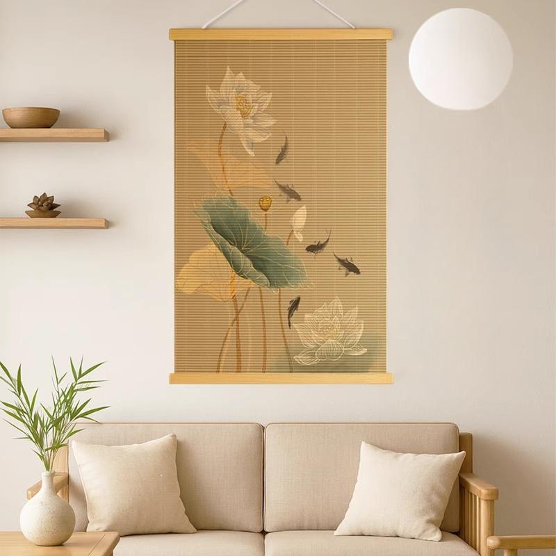 Chinese Style Bamboo Hanging Painting Curtain Roller Lotus Flower Study Zen Tea Background Room Decor 40x80cm/40x100cm
