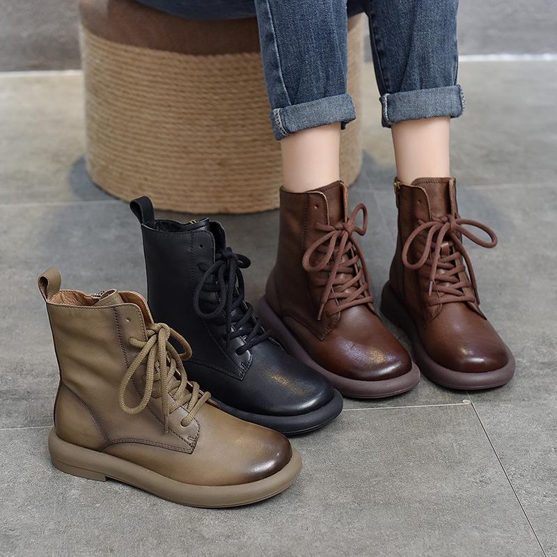 Short Boots Soft Leather Women's Round Head Lace-up High-top Boots Autumn and Winter Versatile Martin Boots Single Boots Women's Cotton Boots