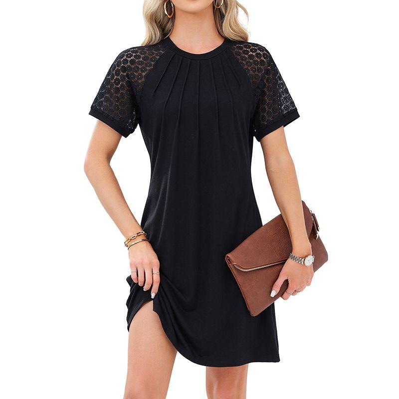 

American Shiying Summer New Arrival Lace Cut Out Short Sleeve Dress Women 2025 Loose Cover Belly and High Waist Short Skirt Black Size L fit (62.50 kg-70.00 kg