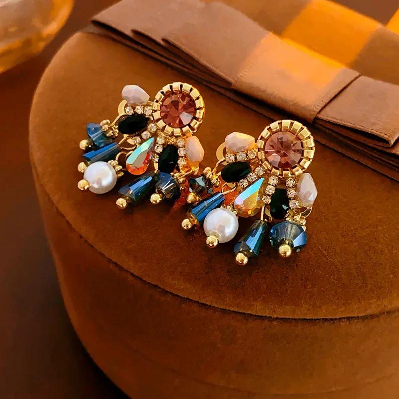 Vintage Colorful Rhinestone Water Drop Earring for Women Imitation Pearl Crystal Beads Earrings with Tassel Ear Jewelry K-