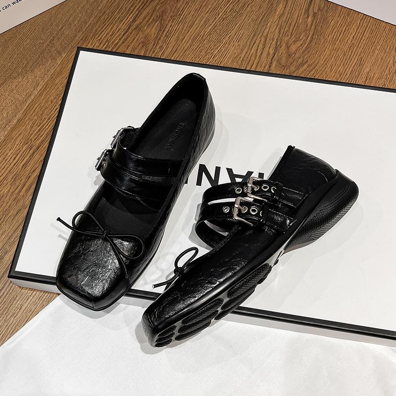 Cowhide Version~ Spring Flat Bottom Shallow Mouth Bow Single Shoes Niche Old Ballet Mary Jane Shoes Women