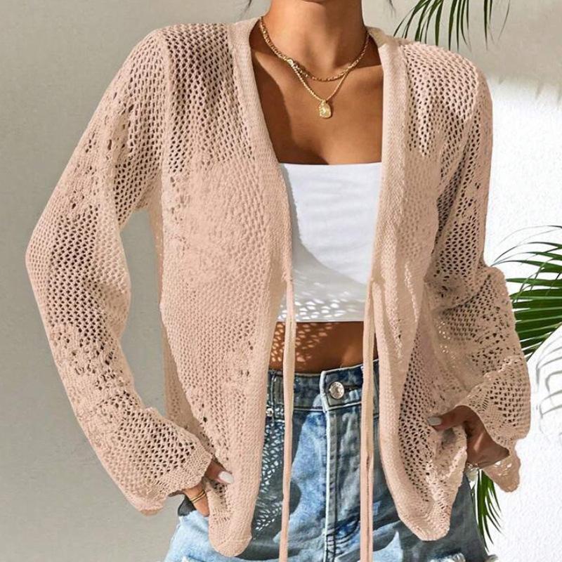 Cross-border Amazon Europe and America Hollow Summer Knitted Cardigan Women's Beach Knitted Sweater Long-sleeved Bow Knitted Cardigan