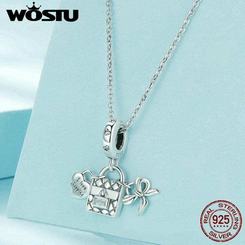 WOSTU I Love Shopping Charms din argint 925 și mărgele cu bowknot se potrivesc cu brățări originale femei, bijuterii DIY