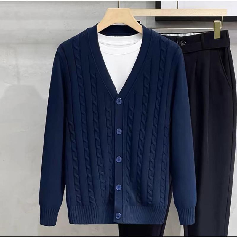 Men's Solid Color V-neck Cardigan Long-sleeved Threaded Sweater Knitted Jacket Top