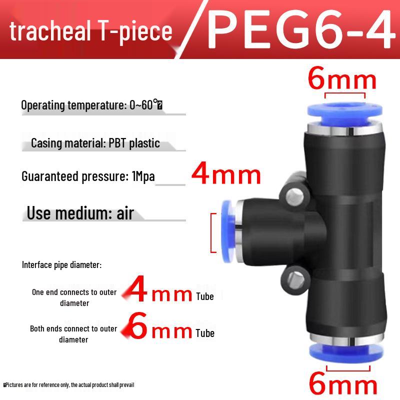 Pneumatic Air Tube Quick Connector PE8 Straight Tee with Reducing Blue Cap PEG8-6/10.