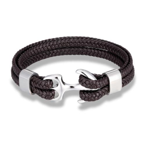 Men Titanium Steel Bracelet Black Cowhide Woven Anchor Leather Rope Bracelet