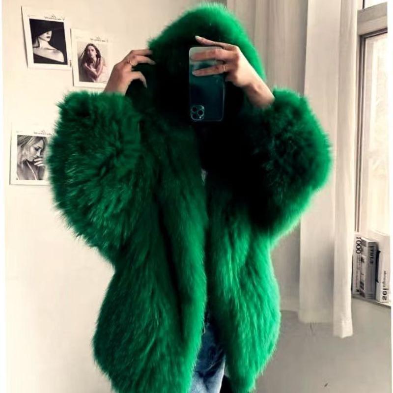 Imitation Fox Fur Women's Winter New Hooded Loose and Thin Fluff Jacket Light Trendy