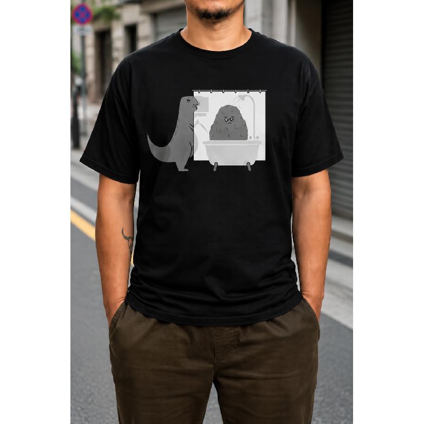 Plus Size - Men's T-Shirt S-5XL Featuring A Humorous Cartoon Print Of A Dinosaur And Rock In A Bathtub - A Casual Short-Sleeve Round-Neck Top With A