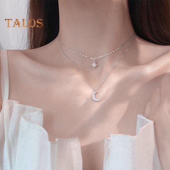 Women Necklace Double-layer Star Moon Pendant Adjustable with Extended Length Hollow Chain Lady Clavicle Necklace Neck Jewelry