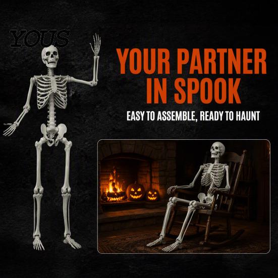 Posable Human Bone Prop 5.4FT Life-Size Skeleton for Halloween, Realistic Poseable Full Body Halloween Decoration with Adjustable Joints, Haunted