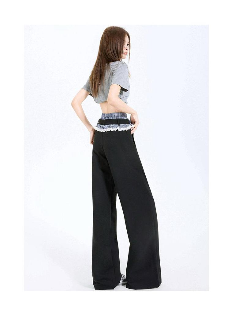 Plaid Patchwork Lace Double Waistband Wide-Leg Pants for Women - New 2025 Spring/Autumn Casual Long Pants