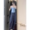 Women's High-Waist Blue Plaid Wide-Leg Trousers – Early Autumn 2024 Collection