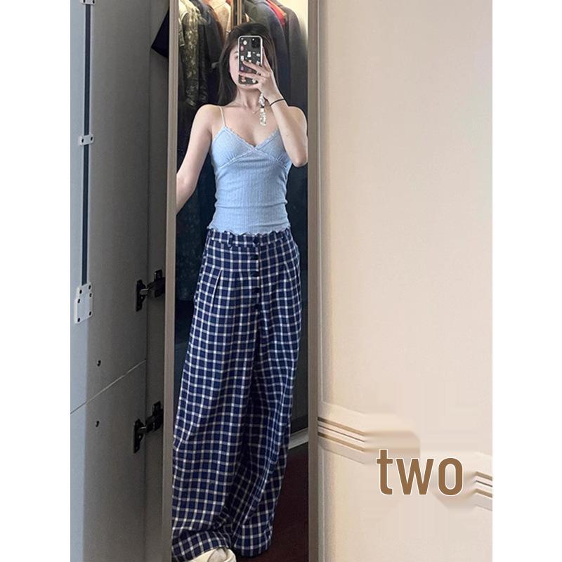 Women's High-Waist Blue Plaid Wide-Leg Trousers – Early Autumn 2024 Collection