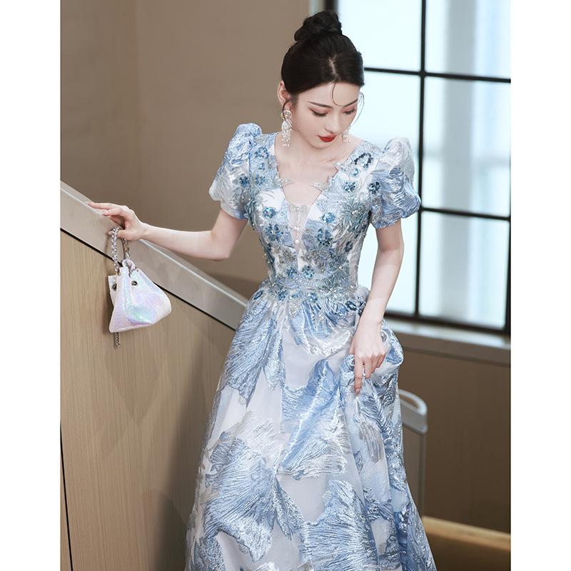 Blue evening dress light luxury niche 1011 new female dinner host luxury annual meeting catwalk evening dress long