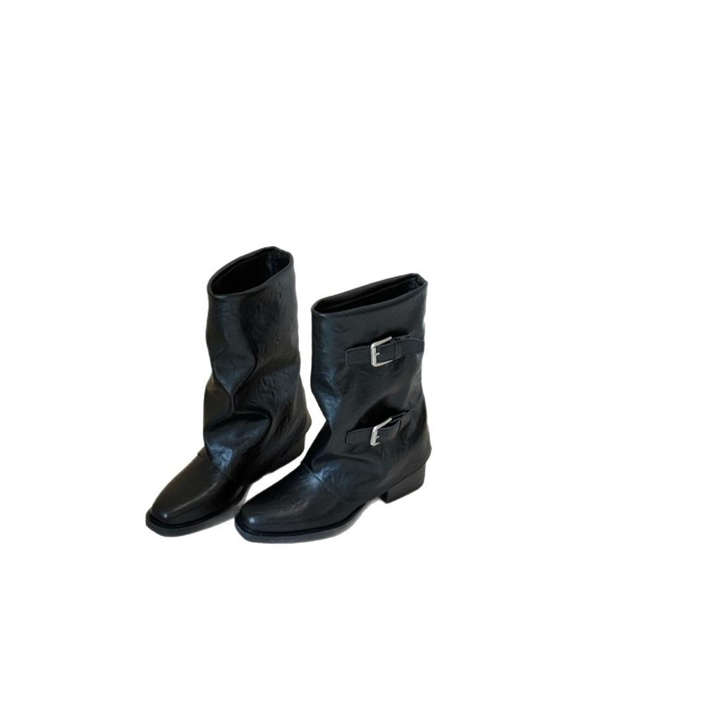 All Leather~ Belt Buckle Medium Boots British Pants Pants Martin Boots Women's Thick Heel Knight Boots Western Pile Boots