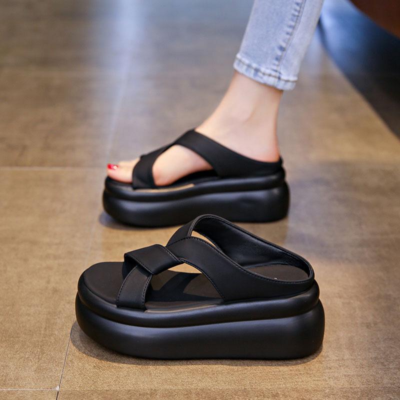 Height Increasing High-heeled Soft Soled Beach Sandals for Women's Summer Wear 2025 New Style Women's Small Thick Soled Sponge Cake Sandals