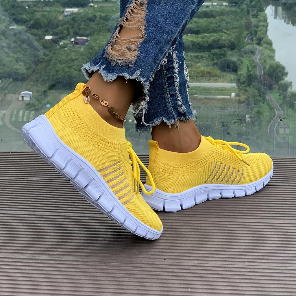 Women's Flyknit Mesh Breathable Athletic Shoes Low Cut Lace Up Platform Sole Casual Sneakers for Everyday Wear