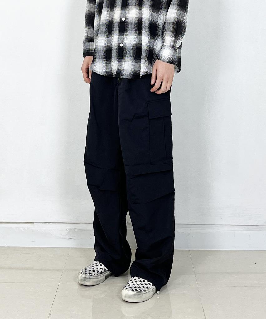 SK8ER ROCK Knee Tuck Cargo Nylon Wide Pants Black
