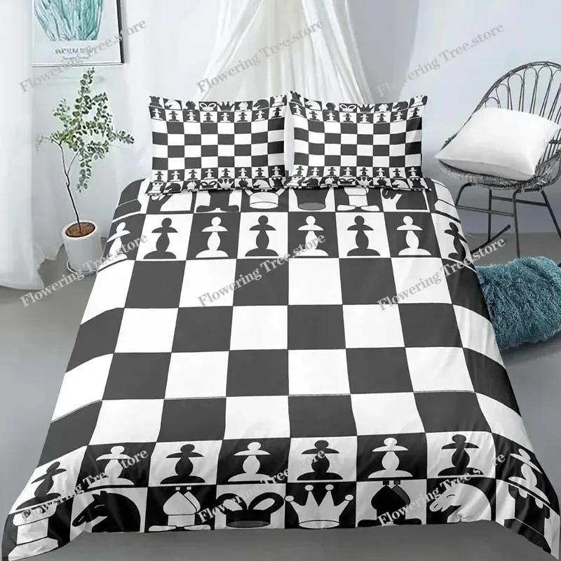 Juego de funda de edredón con tablero de ajedrez con estampado 3D, juego de cama de poliéster para niños, niñas y niños en blanco y negro