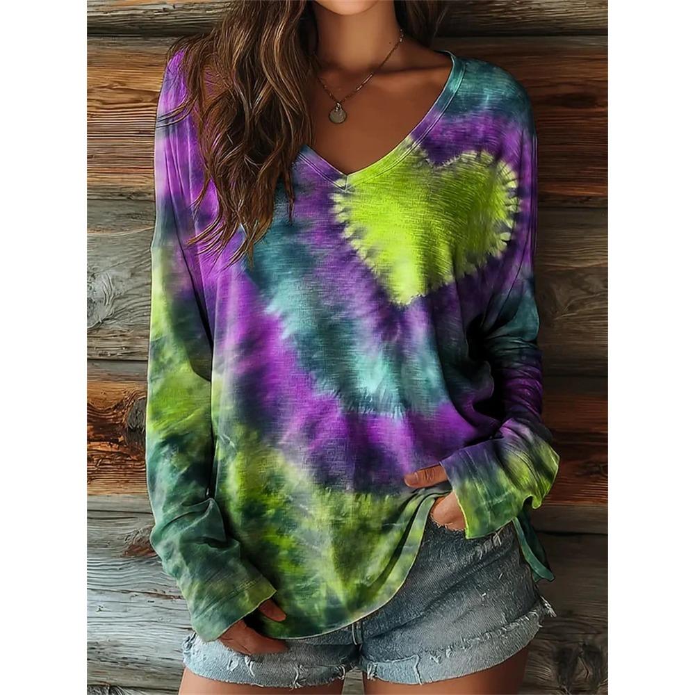 Women's Autumn Long-Sleeve T-Shirt V-Neck Loose Fit Patchwork Style with Irregular Geometric Print Trendy Street-Style Top
