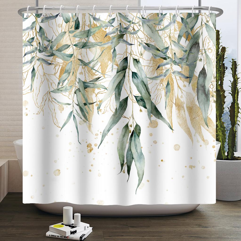 Green Eucalyptus Shower Curtain Watercolor Plant Leaves Bathroom Decoration Waterproof White Fabric Bath Curtain With 12 Hooks