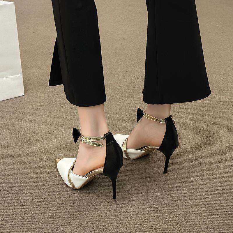 9CM Spring/Summer New Pointed Hollow Bow T-Belt Single Shoes Thin High Heel Banquet Dress Versatile Metal Head Women's Sandals