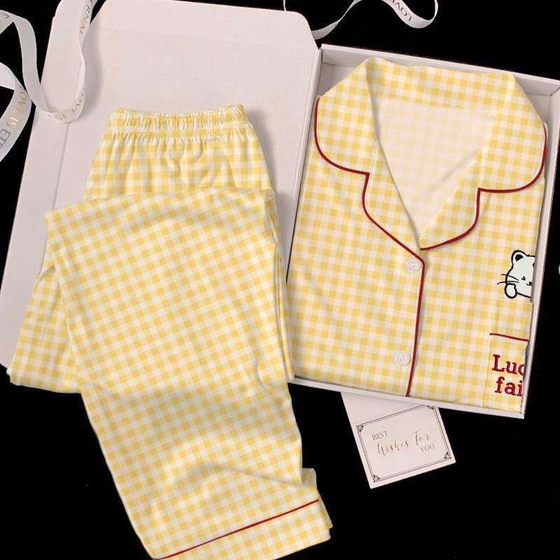 Womens Cute Cat Print Pajama Set Fall Thin Cardigan Long Sleeve Loungewear