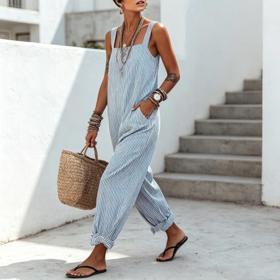 Loose Striped Wide Leg Jumpsuit for Women, Square Neck Sleeveless Wide Leg Rompers with Pockets, Casual Summer One Piece Outfit