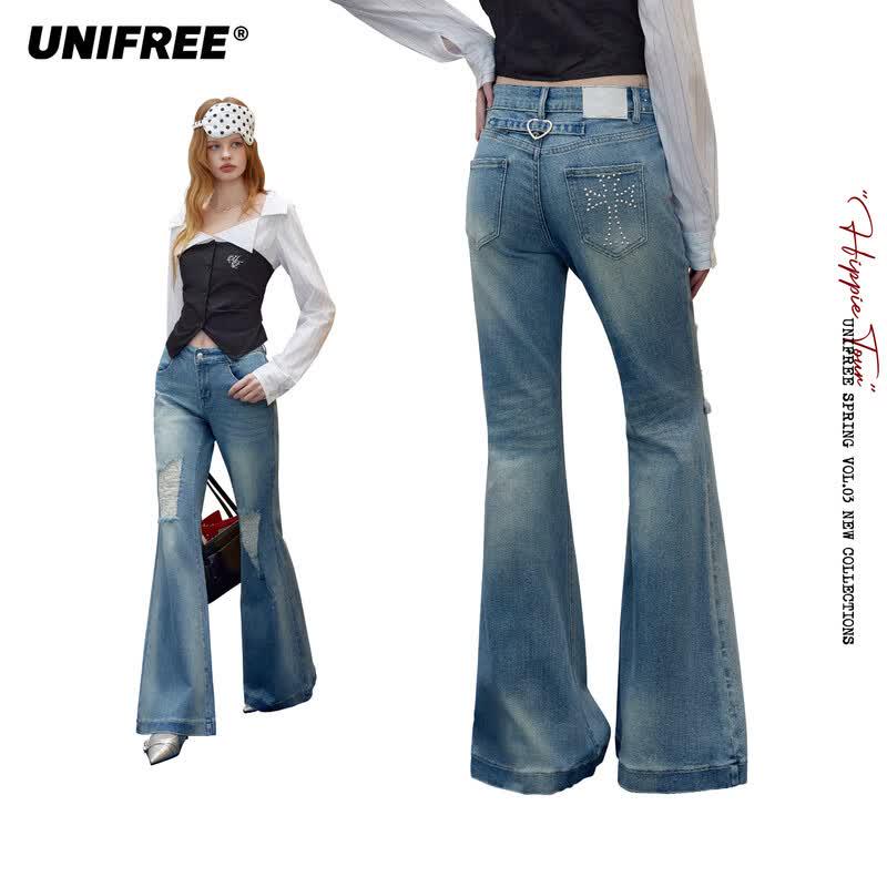 UNIFREE Women s Retro Distressed Low-Rise Slim Bootcut Jeans S