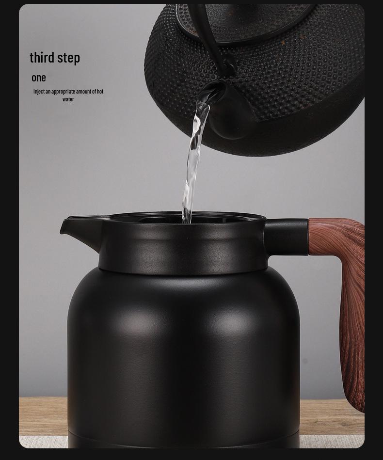 Large Capacity 304 Stainless Steel Insulated Teapot with Wood Grain Handle for Home and Office.