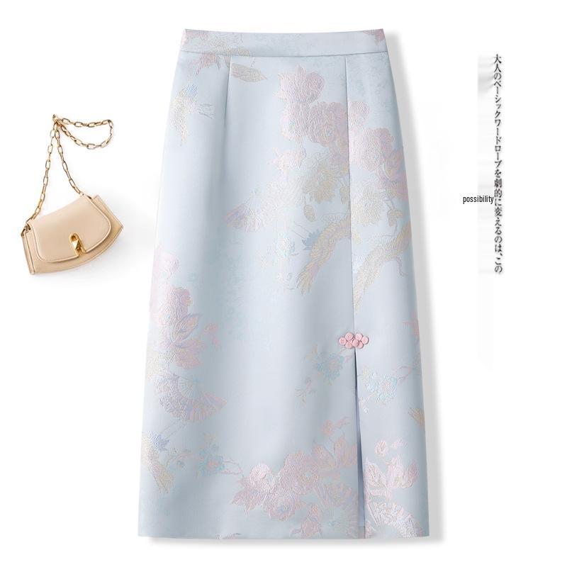 

2026 New Chinese Style Embroidered Slit Midi Skirt for Women - Slimming, Hip-Hugging, Ideal for Spring and Autumn L /28 for 110-120 jin світло-синій колір