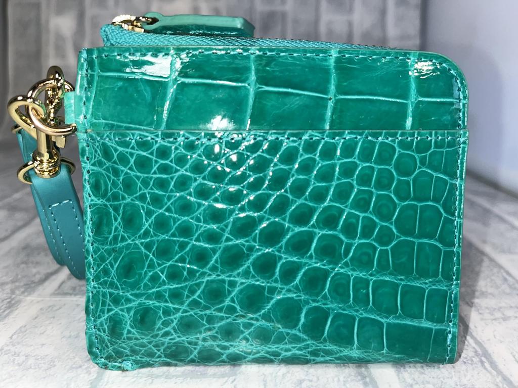 GUODI Mini Wallet with L-Shaped Zipper and Strap, Shining Crocodile Genuine Leather, HL-10101B-CRS (Turquoise Blue), Crocodile Leather Wallet, Mini