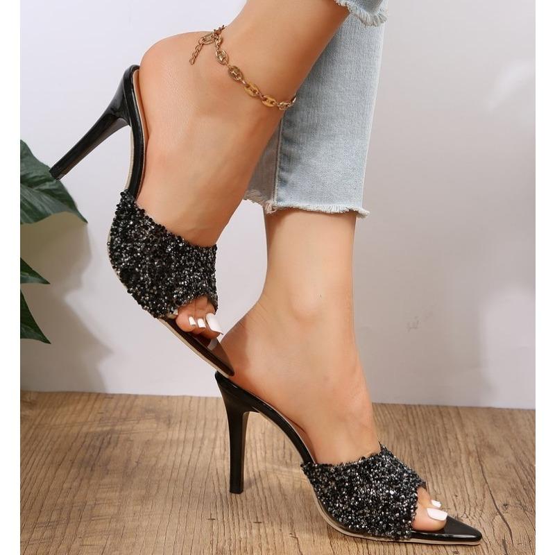 Fashion Fashionable Versatile High Heel Slippers Pointed Toe Rhinestone Decorated One-piece Strap Sandals Casual Elegant Ladies Shoes