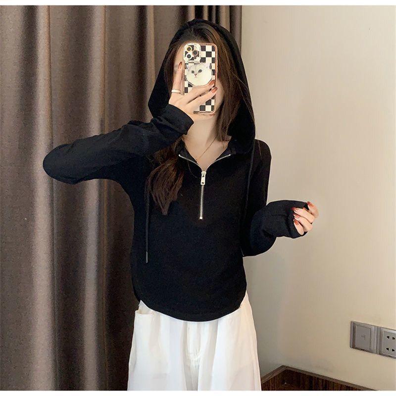 Women‘s Hooded Long Sleeve Half Zip Slim Fit Pullover Top Casual Solid Basic Tee