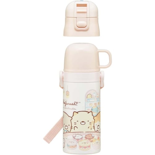Skater Kids' Stainless Steel Water Bottle, 2-Way Design, 420ml (Direct Drinking) and 350ml (Cup Drinking), Sumikkogurashi Sweets Shop Design, Lightwei