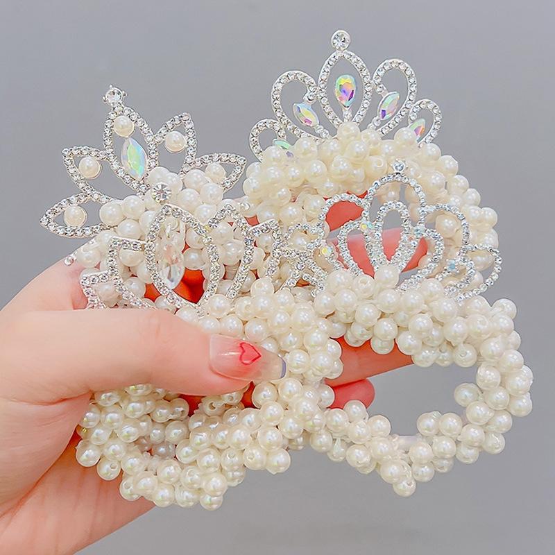 Baby Girls Fashion Pearl Crown Princess Hair Bands Elastic Rubber Bands Children Ball Hair Bun Ties Hair Styling Accessories