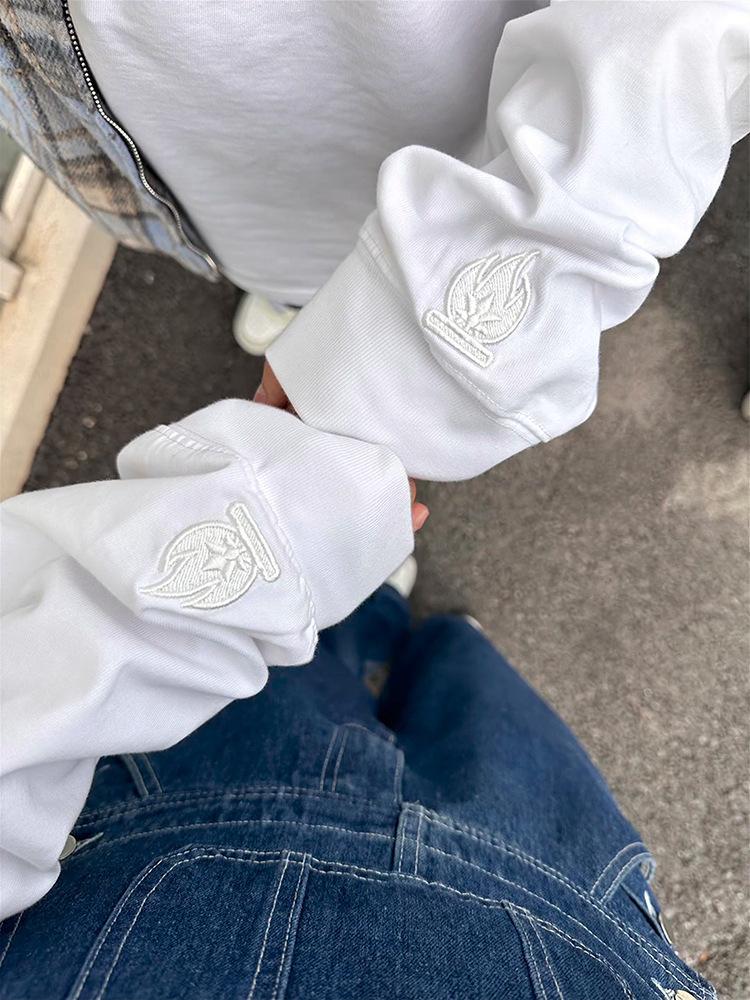 Unisex bluza z haftem płomienia - jesienno-zimowa koszulka z długim rękawem, luźny krój, warstwa bazowa