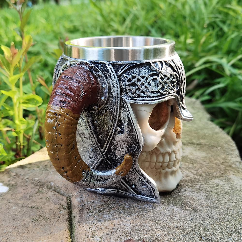 1 taza de cerveza con forma de calavera de cuerno de 550 ml, taza de cerveza con forma de calavera vikinga 3D, taza de café, taza de acero inoxidable para beber, regalos de Halloween, artículos para beber