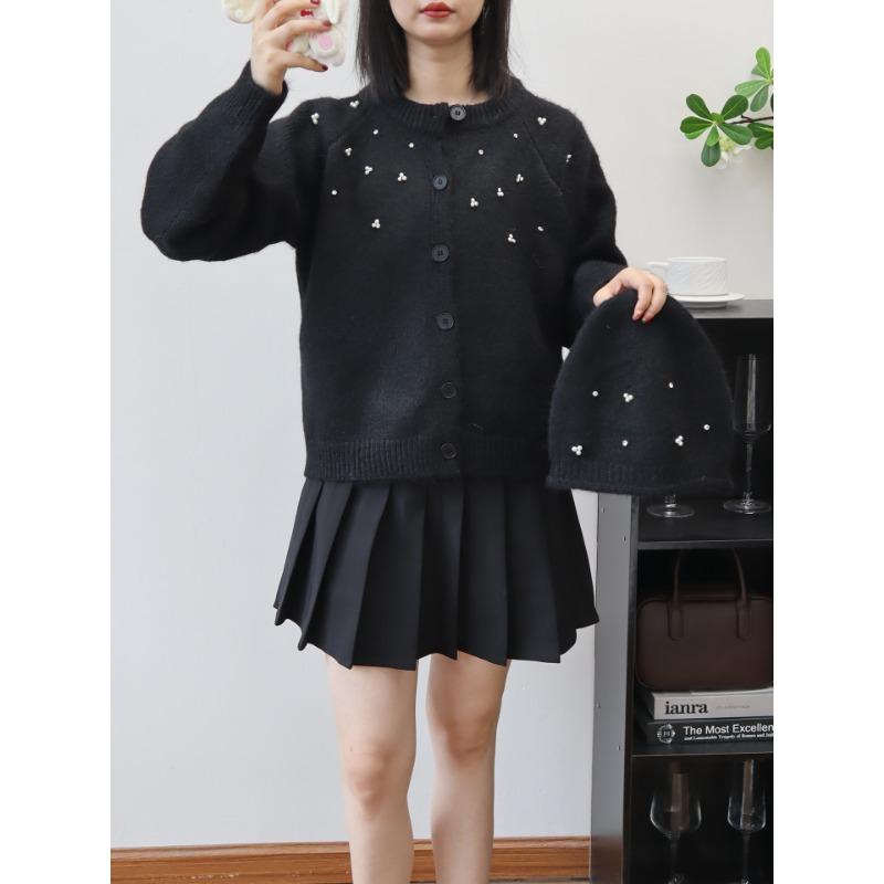 

Тяжелая промышленность Дизайн бусин Чувство Шляпа Вязаный кардиган Осень и зима Новый Нежный ветер Свободный свитер Куртка Женская one size fits all чёрный