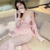 Women's Autumn Long-sleeved Pajamas with Chest Pads, Three-piece Set of Lace Lace Korean Suspender Loungewear Pajamas