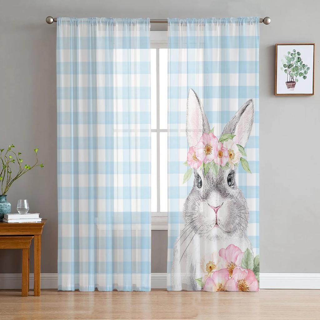 Velikonoční modré kostkované králičí květinové tylové závěsy do obývacího pokoje ložnice voálové průsvitné závěsy okenní domácí dekorace závěsy