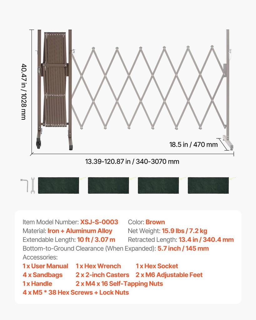 Expandable Barricade, 3.07m Expandable Safety Barrier, Flexible Mobile Barricade with Locking Casters, Portable Folding Security Gate Metal Traffic