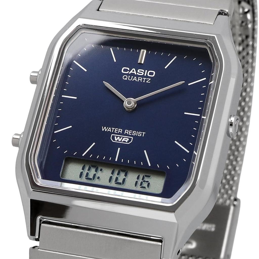 CASIO ANA-DIGI Vintage Series AQ-230EM-2A Mesh Metal Band Unisex Dual Time Navy