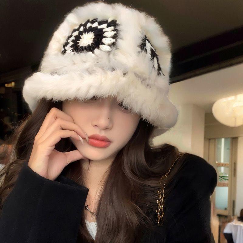Rabbit Hat Women's Autumn and Winter New Tiger Head Lion Hat Fashion Warm Bucket Hat Fluff Woven Fur Hat