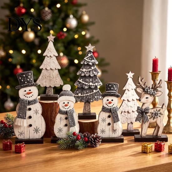 Holiday Wood Ornaments 7Pcs Christmas Snowman Tree Reindeer Figurines, 2D Wooden Tiered Tray Easy Storage Crafts Decor, Rustic Farmhouse Tabletop